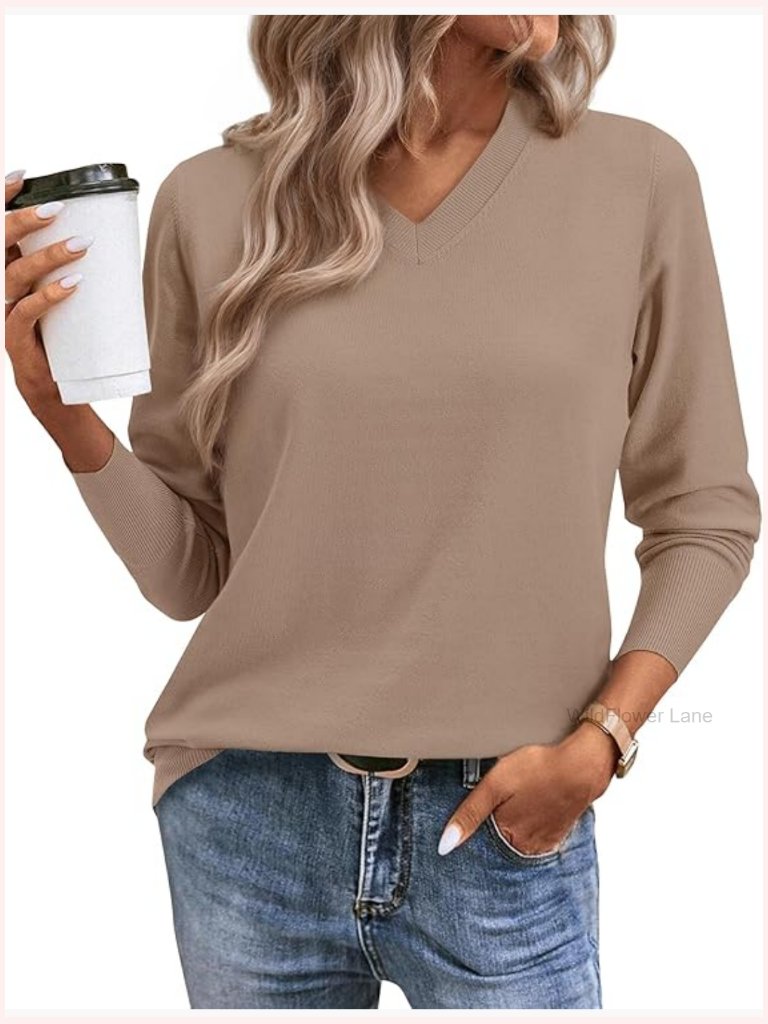 Women's Lightweight V-Neck Sweater Casual Long Sleeve Pullover Blouse Tops
